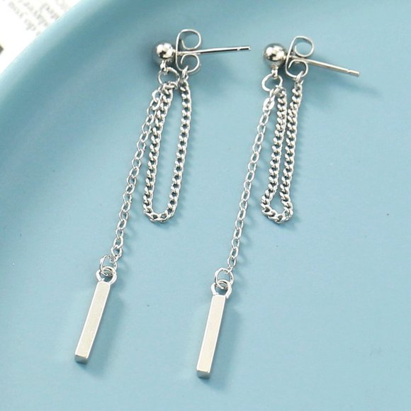 NEW 925 Sterling Silver Chain Bar Drop Earrings E5 - Picture 2 of 4